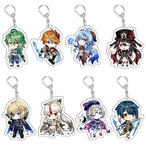 Hilloly Genshin Impact Porte-clés 8Pcs Acrylique Porte-clés Pendentifs Keyring Cartoon Figures Porte-clés, Cartoon Jeu Anime Personnage, Anime Mignon Ornement Accrochant