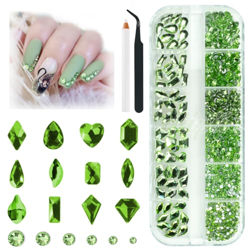 qiipii 2052Pcs Light Green Nail Rhinestones Grass Green Nail Char...