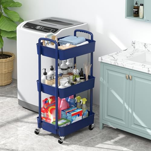 Image of Sywhitta 3-Tier Plastic Rolling Utility Cart with Wheels for Storage,Blue | Multi-Functional Storage Trolley, for Office, Living Room, Kitchen, Bathroom,Movable Organizer,Space-Saving,Easy to assemble