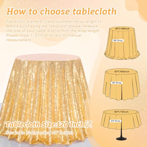 Image of B-COOL Gold Tablecloth Party Decoration: 120 Inch Round Table Cloth Sequin Fabric Overlay for Outdoor Dining Cocktail Parties
