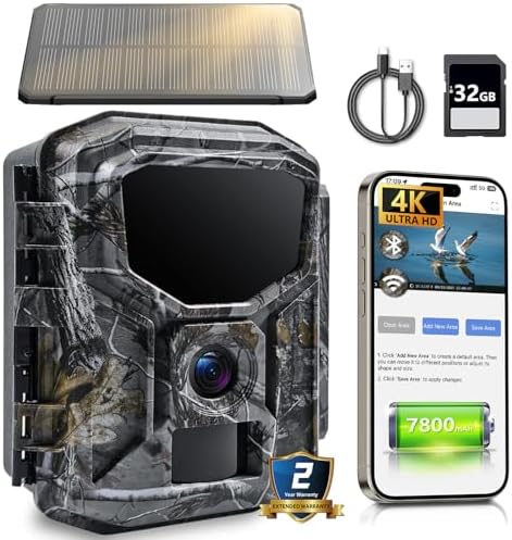 Trail Camera Solar Powered - 4K 60MP WiFi Game Camera, 0.1s Trigger, 65FT Detection, 7800mAh Forever Power, Low Glow Night Vision, IP66 Waterproof, 32GB Included for Wildlife Monitoring