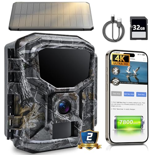 Fargarloo Trail Camera Solar Powered - 4K 60MP WiFi Game Camera, 0.1s Trigger, 7800mAh Forever Power, 65FT Detection, Low Glow Night Vision, IP66 Waterproof, 32GB Included for Wildlife Monitoring