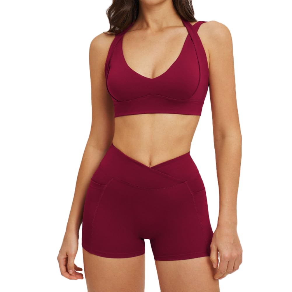 JPXJGT Women's 2 Piece Seamless Yoga Outfit Set, Sports Bra & Biker Shorts for Gym Running(Size:S,Color:Red)