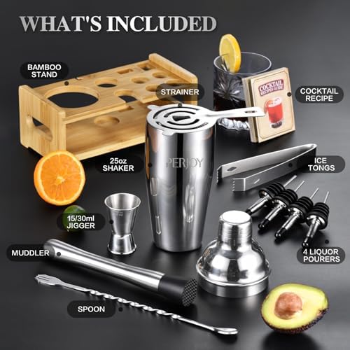 Cocktail Shaker Bartender Kit-12 Piece Cocktail Shaker Set with Stand, Stainless Steel Bar Set Tools Drink Mixer Set with Martini Shaker,Strainer,Jigger,Bar Spoon,Muddler, Gift for Men Dad&Him - Thumbnail 5
