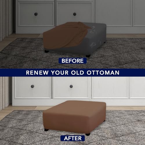 Image of PureFit Stretch Square Ottoman Cover 40x40x15 Footstool Cover, Brown | Fleece Large Ottoman Slipcovers Soft Form Fit Square Slipcover for Folding Storage with Nonslip Elastic Bottom