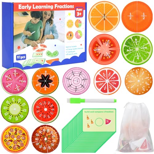 QYDKWK Aprender Fracciones Juguete Montessori Niños, Fruta Demostrador de Fracciones Juegos Educativos Matemáticas Aprendizaje Escuela Primaria Regalo 3. 4. 5.Grado Niñas Niños de 6 7 8 9 Años