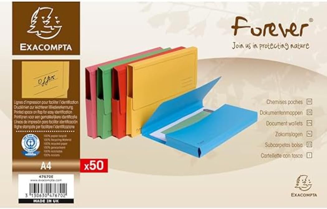 Exacompta Forever Document Wallets, 290 GSM, A4 - Assorted Colours, Pack of 50