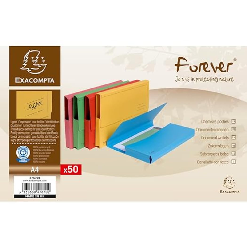 EXACOMPTA Paquet de 50 chemises à poche Forever carte recyclée 290g Assortis vif
