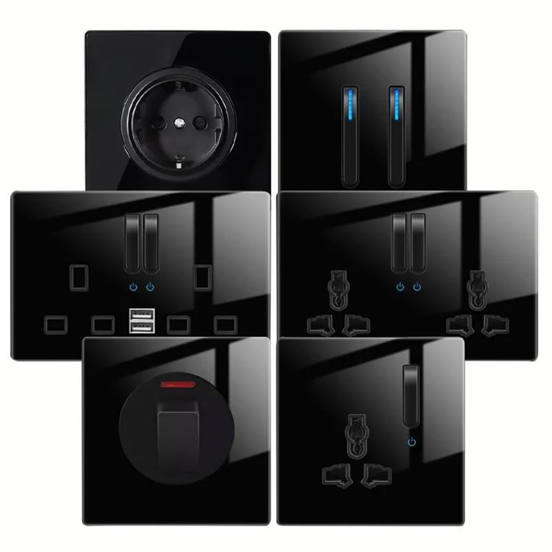 Schwarzer Gehärteter Glas-International-Schalter Mit Selbstzurücksetzender LED-Anzeige, EU-UK-Steckdose, 13 A, 86 Mm, 146 Mm