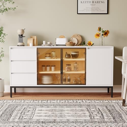 Buffet Cabinet with Storage, Kitchen Side Panel Storage Room with Doors and 3 Drawers, Pantry Cabinet Display Rack, Console, Dining Table Manager Furniture, Living Room Dining Room White - immagine 4