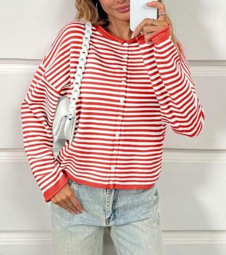 Striped Cardigan Sweaters for Women Long Sleeve Button Down Crew Neck Knit Coat2