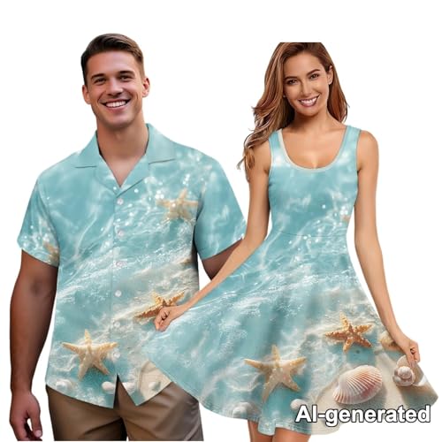 Image of Hawaii Matching Couple Outfits Husband and Wife Clothing Fashionable Mens Casual Shirts Hawaii Dress with Soft Fabric