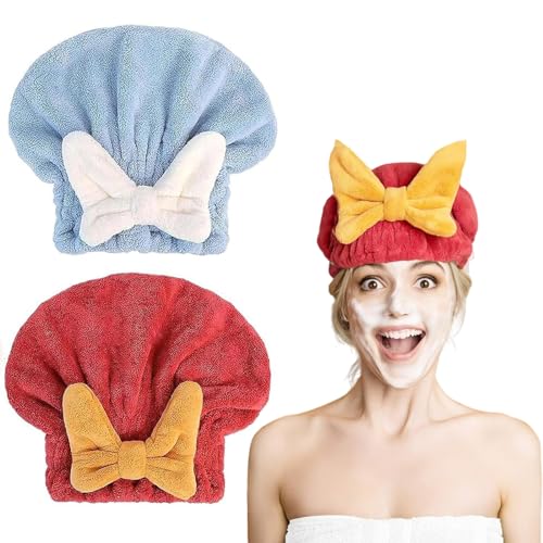 Tyrzol 2Pcs Hair Microfibe Hair Drying Caps Rapid Hair Towel Wrap Super Absorbent Hair Towel Wrap for Wet Hair Drying Towel Quick Dry Head wrap with Bow-Knot Shower Cap (Blue+Wine Red)