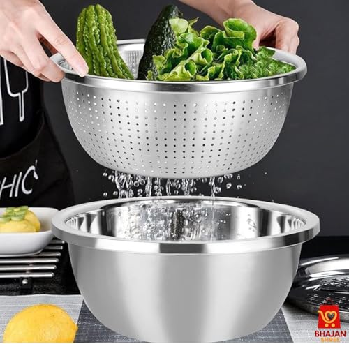 Image of 2 Pcs Stainless Steel Colander Bowl Set, Drainer Basket Basin for Washing Vegetables, Fruit Microporous Set Kitchen Strainer Vegetables Fruit, Salad, Rice, Pasta-Mixing Bowls Heavy Duty