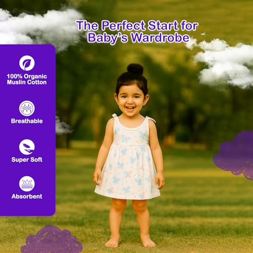 Image of Kidbea Cotton Baby Dress for Girls | Soft Sleeveless Summer Dress for Girl | Cute Printed Newborn Baby Muslin Frocks with Tie-Up Closure