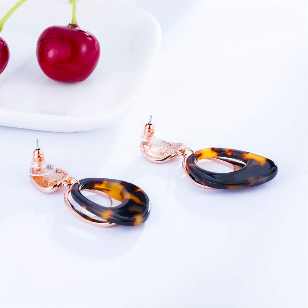 Kemstone Rose Gold Leopard Earrings Brown Resin Mottled Acrylic Two Layered Dangle Earrings for Women