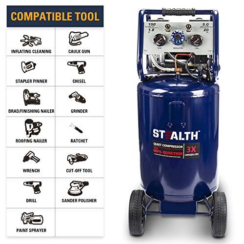 Image of STEALTH 20 Gallon Air Compressor, Ultra Quiet, Oil-Free and Long Life Cycle,1.8 Hp Large Air Compressor with Rubber Wheels (Blue, SAQ-12018)