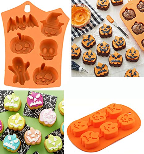 Fantasyon 2 Pcs 3D Halloween Silicone Ghost Pumpkin Baking Mold Set Candy Silicone Molds with Chocolate Cupcakes Bat Skull Shape for Halloween for Halloween Kitchen DIY Baking Tools