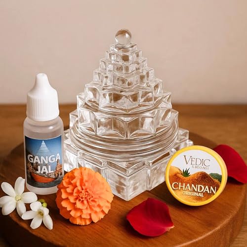 Image of Original Certified Sphatik Shree Yantra | AAA Grade Clear Quartz Shri Yantram /Spatik Sri Chakra /Sphatik Meru Yantra /Lakshmi Yantra | Healing Crystal for Pooja (100-120 Gram)