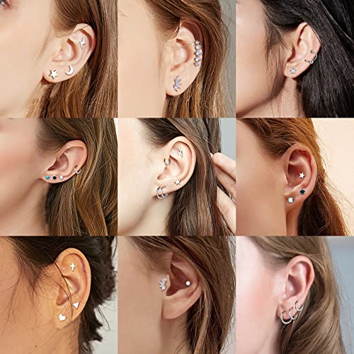 YADOCA Surgical Steel Stud Earrings Set - Women & Men's Small CZ Heart Star Moon Flat Back Earrings - Hypoallergenic 20G Tiny Cartilage Stud Hoops Helix Tragus Daith Piercing Jewelry3