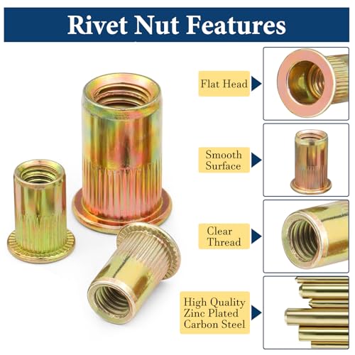 Image of SAE Rivet Nut Assortment Kit(240Pcs), #6-32#8-32#10-24 1 /4 inch-20 5 /16 inch-18 3 /8 inch-16 UNC Rivnut Threaded Insert Nut Set, Zinc Plated Finish Carbon Steel Nutsert