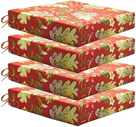 Wellsin Outdoor Chair Cushions for Patio Furniture - Patio Chair Cushions Set of 4 - Waterproof Square Corner Outdoor Seat Cushions 18.5"X16"X3", Flower Red