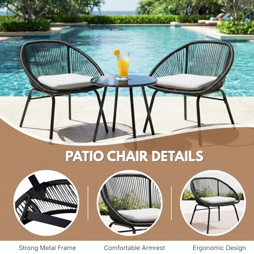 Image of DEVOKO 3-Piece Outdoor Rope All-Weather Water-Resistant Cushion with Glass Top Table Metal Frame Perfect for Garden, Balcony, Terrace, Patio(Black & Grey)