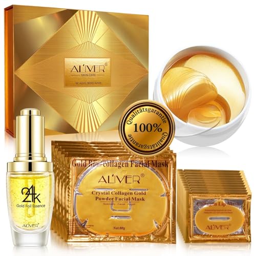 P-Beauty Set de regalo: Set de lujo de oro orgánico | colágeno de oro de 24 quilates 5 x mascarillas faciales y 10 x máscaras de labios | suero de esencia dorada y 60 almohadillas para los ojos | Set