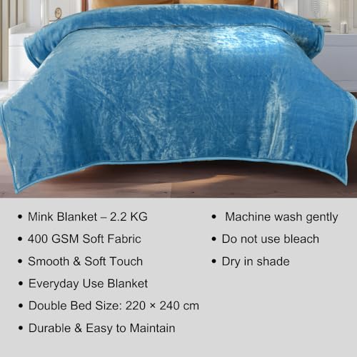 Image of ABRAZO 470 GSM Dual Season Mink Blanket 2.5 KG for AC Room & Mild Winter | Reversible Solid Color | Double Bed 220x240 cm Soft Blanket /Dohar /Quilt /Comforter - Clouded Blue
