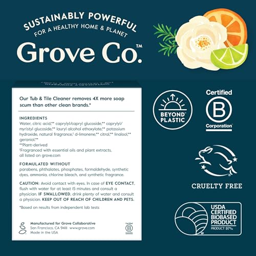 Grove Co. Tub and Tile Cleaner, Refill Concentrate (6 x 1 Fl Oz) Plant-Based Household Cleaning Supplies, No Plastic Waste, 100% Natural Orange & Rosemary Fragrance, 3 x 2 Pack Refills