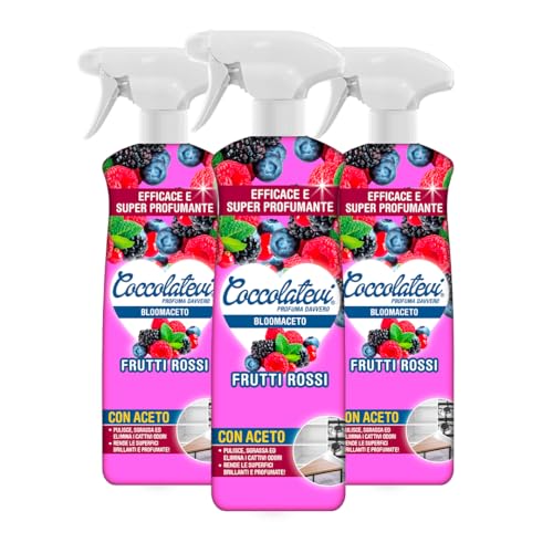 COCCOLATEVI BloomAceto Frutos Rojos, Pack de 3 x 750 ml, Detergente Antical natural con Vinagre, Limpiador Multiusos para Superficies Brillantes y sin Manchas
