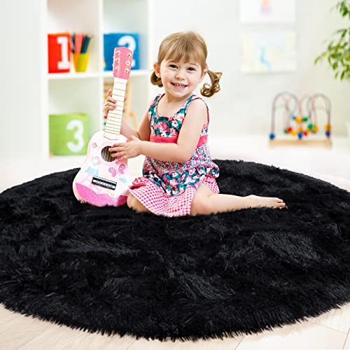 Junovo Round Rug 4X4 Feet Fluffy Soft Area Rugs For Kids Girls Room Princess Castle Plush Shaggy Carpet Cute Circle Nursery Rug For Kids Girls Bedroom Baby Room Home Decor Circular Carpet, Black #TOP6