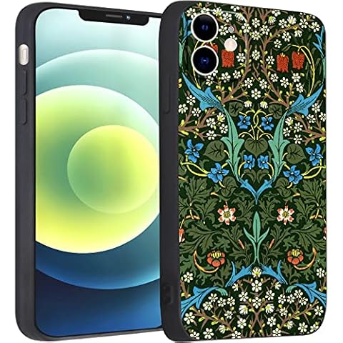 Compatible with iPhone 12 Mini Cute Art Silicone Case With Design for Women Green Blooming Flower Botanical Elegant Floral Aesthetic Shockproof with Screen Protector (Blackthron by William Morris) Cover