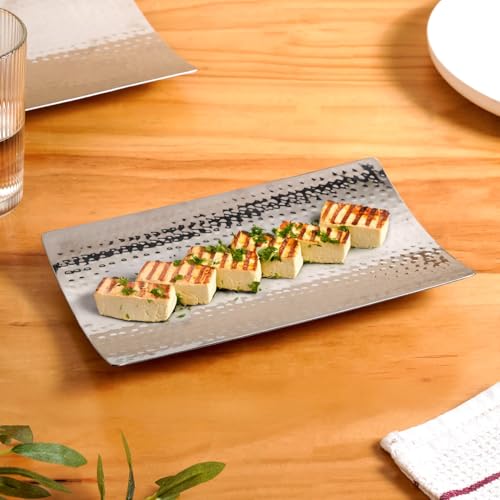Image of Nestasia Stainless Steel Serving Platter for Snacks (25cmx15cm) - Hammered Rectangular Curved Steel Tray with Glossy Finish | Rust & Scratch Resistant Serveware for Appetisers, Desserts and Breads
