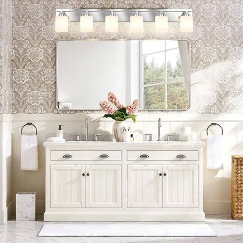 Image of Modern Bathroom Lighting Fixtures Over Mirror, Vanity Lights for Bathroom, Wall Sconces with Milky White Glass Shades, E26 Ceramic Socket, 6-Light 43-inch Chrome