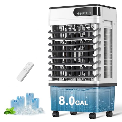 Image of Uthfy Swamp Cooler, 36 Inch Evaporative Air Cooler with 8 Gal Water Tank, 2500 CFM, 120 Oscillation, 3 Modes & 3 Speeds, Remote, 12 H Timer, 4 Ice Packs, Portable Air Conditioner for Indoor