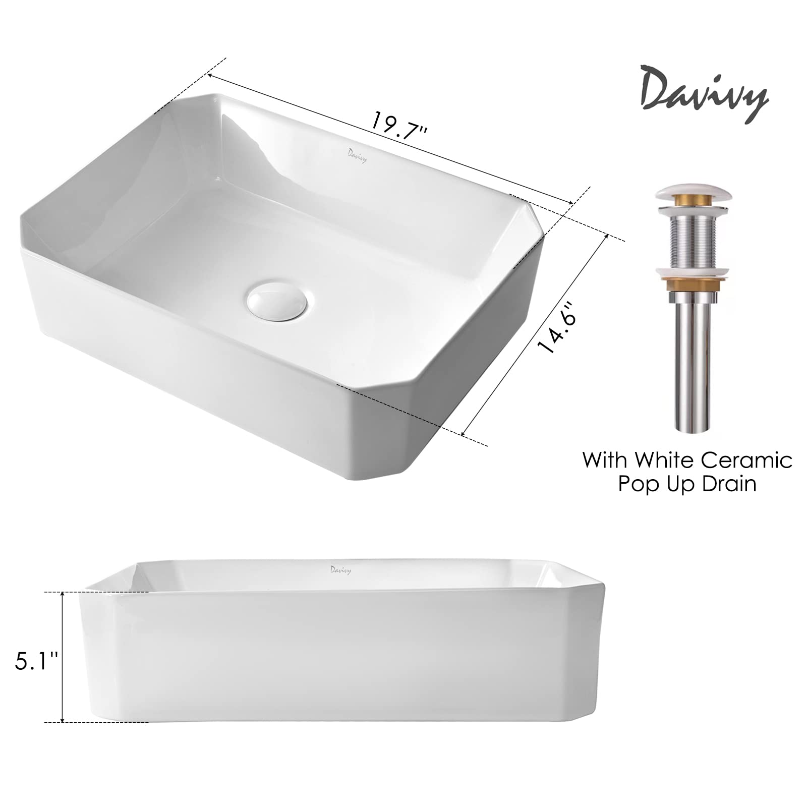 Davivy 16'' X 13.5'' Oval Vessel Sink With Pop Up Drain,Bathroom Sinks Above Counter,White Vessel Sink,Bathroom Vessel Sinks,Ceramic Vessel Sink,Counter Top Sink,Oval Sink Bowls For Bathroom - View #2
