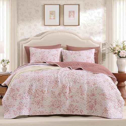 Image of Andency Quilt Queen Size, Pink Flower Bedspread Queen Size, 3 Pieces Soft Bedding Set, Lightweight Coverlet Set for All Season with 2 Pillowcases (96 inchx90 inch)