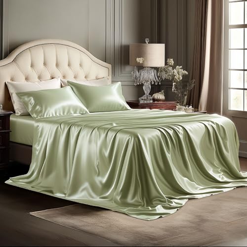 Image of Bedsure Green Satin Sheets King Size, Soft Silky Bedsheets for Hair & Skin | Similar to Silk Bed Sheets Set 4 Piece with 15 Inches Deep Pocket Fitted Sheet,1 Flat Sheet, 2 Satin Pillowcases