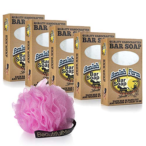 Amish Farms Handmade Bar Soap with Natural Ingredients | Cold Pressed | Carcinogen Free - 5 Large Individually Boxed 10 oz Bars + Luxurious Shower Loofah by BeautifulMe