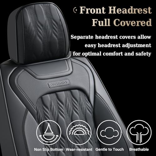 Image of Coverado Car Seat Cover, Black Luxury Seat Cover for Cars, Premium Nappa Leather Seat Covers Full Set with Embossed Pattern, Waterproof Car Seat Protector Car Seat Cushions Universal Fit Most Vehicle