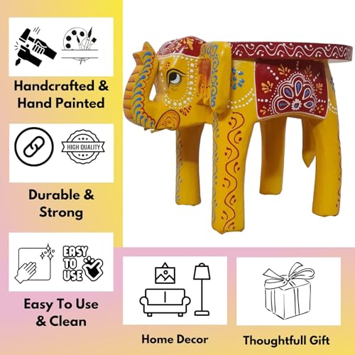 Image of Hand-Crafted and Emboss Colorful Painted Wooden Elephant Shape Stool for Home /Office /Living or Bedroom Decor,Decorative Showpiece (8 Inches Height, Yellow)