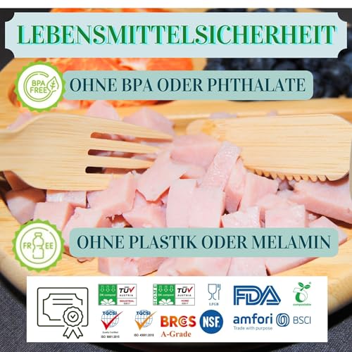 XL 300 Besteck-Set, Bambus, umweltfreundlich, kompostierbar, wiederverwendbar. Kein Holz Geshmack – 100 Gäste (Gabel 16cm/Messer 16cm/Dessertlöffel 14cm). Picknick, Grill, Party, Camping @Claudi Home