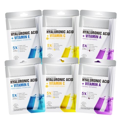 Altherona Hyaluronic Acid Tuchmasken Gesicht Set, Deep Hydrating Gesichtsmaske mit Vitamine A+C+E, Anti-Aging Hyaluron Maske Gesicht, Face Mask für Strahlende Haut, Gleichmäßiger Hautfarbe, 6 Stück