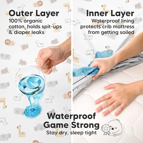 Image of 2-Pack Waterproof Crib Sheets for Boys, Girls, 52x28 Fitted (Pecan) | Organic Cotton Baby Crib Sheets, Toddler Mattress Protector Cover, Washable, Soft & Durable Baby Bedding Essentials