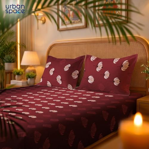 Image of Urban Space Serene 300TC 100% Cotton King Size Bedsheet, Panel Design Super Soft Bed Sheet for King Size Bed, King bedsheet with 2 Pillow Covers (108 inch x 108 inch, Midnight Lotus Deep Maroon)