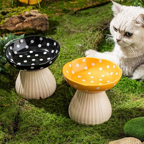 Pilz Futternapf Katze, Katzennapf Erhöht aus Keramik, Katzennapf für Katze Hunde Welpe Futter Und Wasser, Fressnapf und Wassernapf, schützt die Wirbelsäule des Haustiers (Schwarz)
