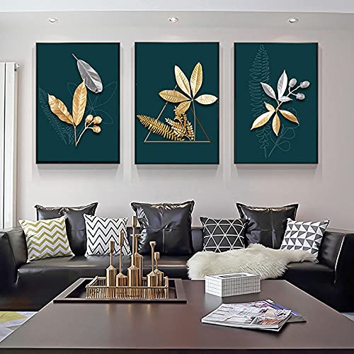 Peinture plante dorée en 3 panneaux pour habiller le mur du salon avec élégance moderne