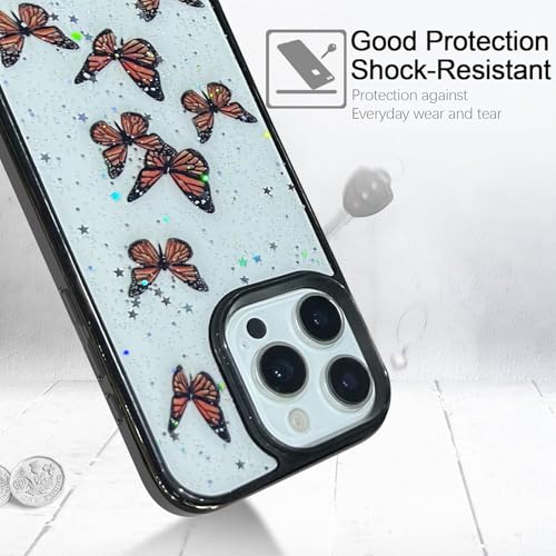 Image of VONZEE for iPhone 15 Pro Max Clear Glitter Butterfly Case, Cute Bling Sparkle Shiny Soft TPU Bumper Shockproof Women Girls Slim Protective Phone Cover for iPhone 15 Pro Max 6.7 inch,Black