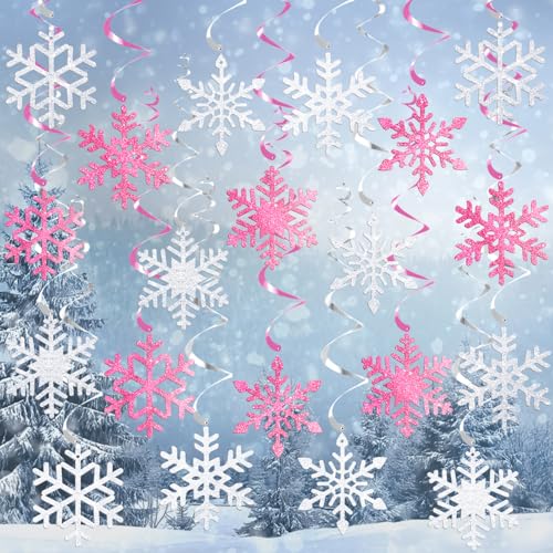 20Pcs Winter Snowflake Hanging Swirl Decorations, Christmas Snowflakes Ceiling Streamers Pink Sliver Snowflake Hanging Decorations for Christmas Winter Wonderland Frozen Party Supplies